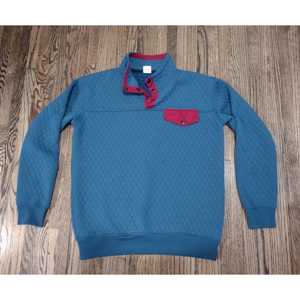 ZYIA Active Quilted Pullover Sweatshirt Mens XL Blue Red Snap Neck Flap Pocket